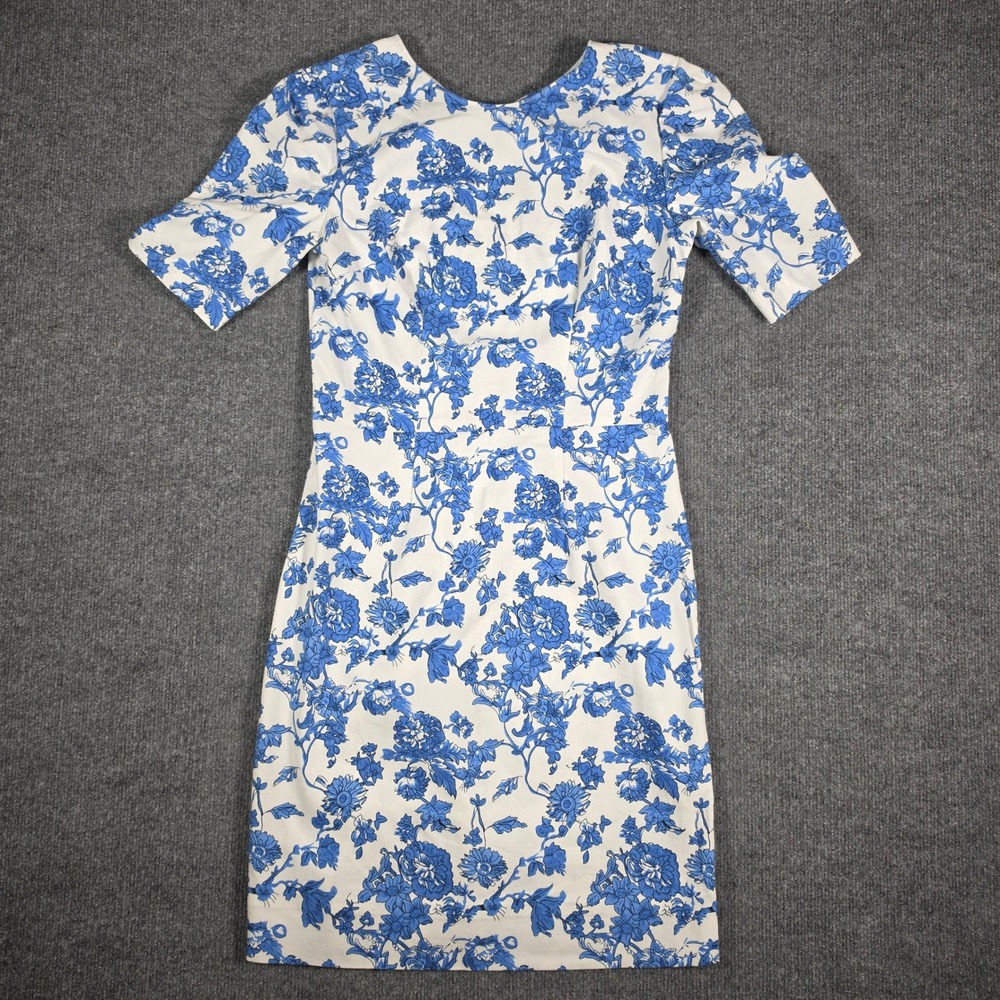 Hand Sewn Blue White Floral Toile Sheath Dress Short Sleeve Scoop Neck 33 Bust